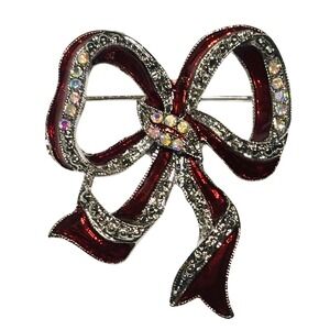 Festive Christmas BOW Red Ribbon Brooch Pin Enamel & Rhinestones Holiday NEW
